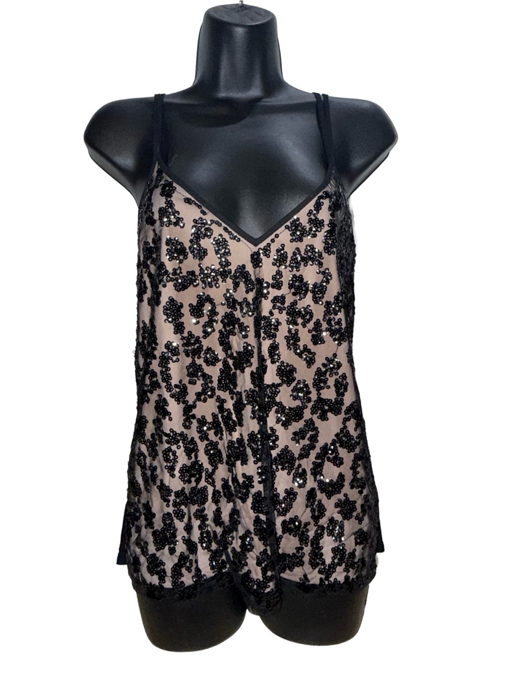 Express Black Sequin Floral Slip Chemise on Nude Base